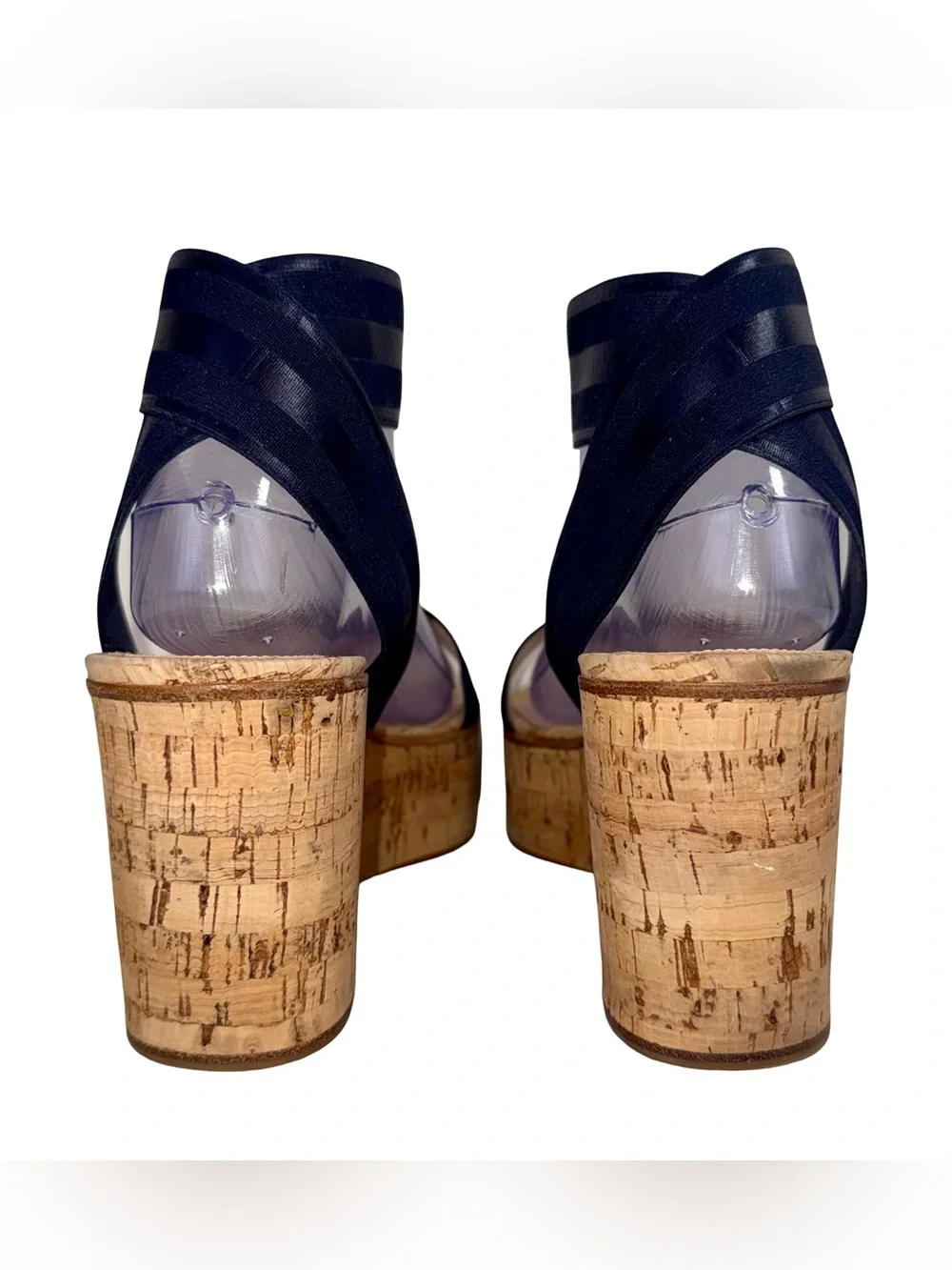 GIANVITO ROSSI CORK WEDGE SANDALS WITH DENIM BLUE ELASTIC ANKLE STRAP